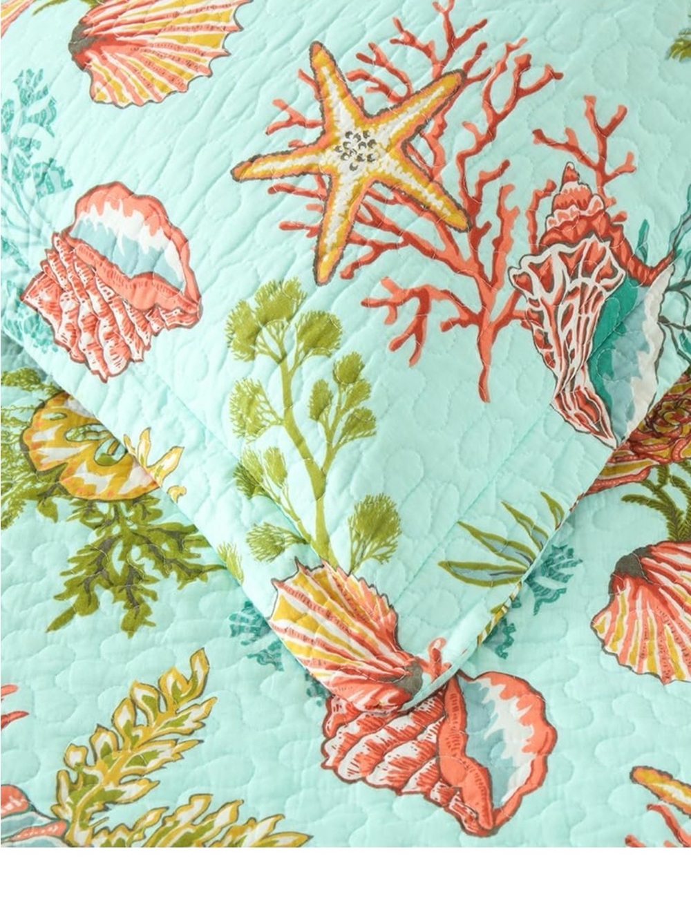 Aqua Seashell & Coral Quilt Set - Coastal Floral Bedding cotton fabric - Picture 4 of 4
